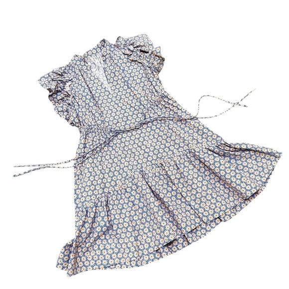 By Anthropologie v neck White, yellow & Blue flutter sleeve Tie Front dress MP - Picture 4 of 11